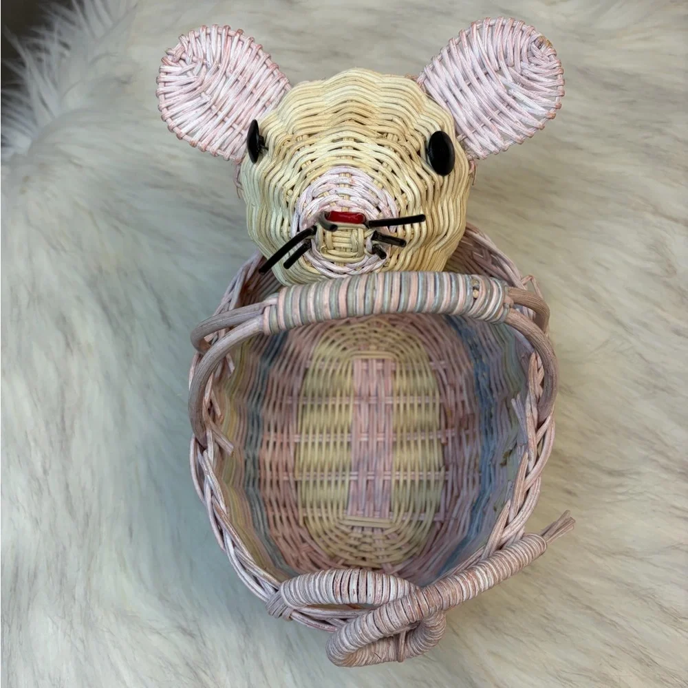 Vintage Boho Wicker Whimsical Mouse Basket
